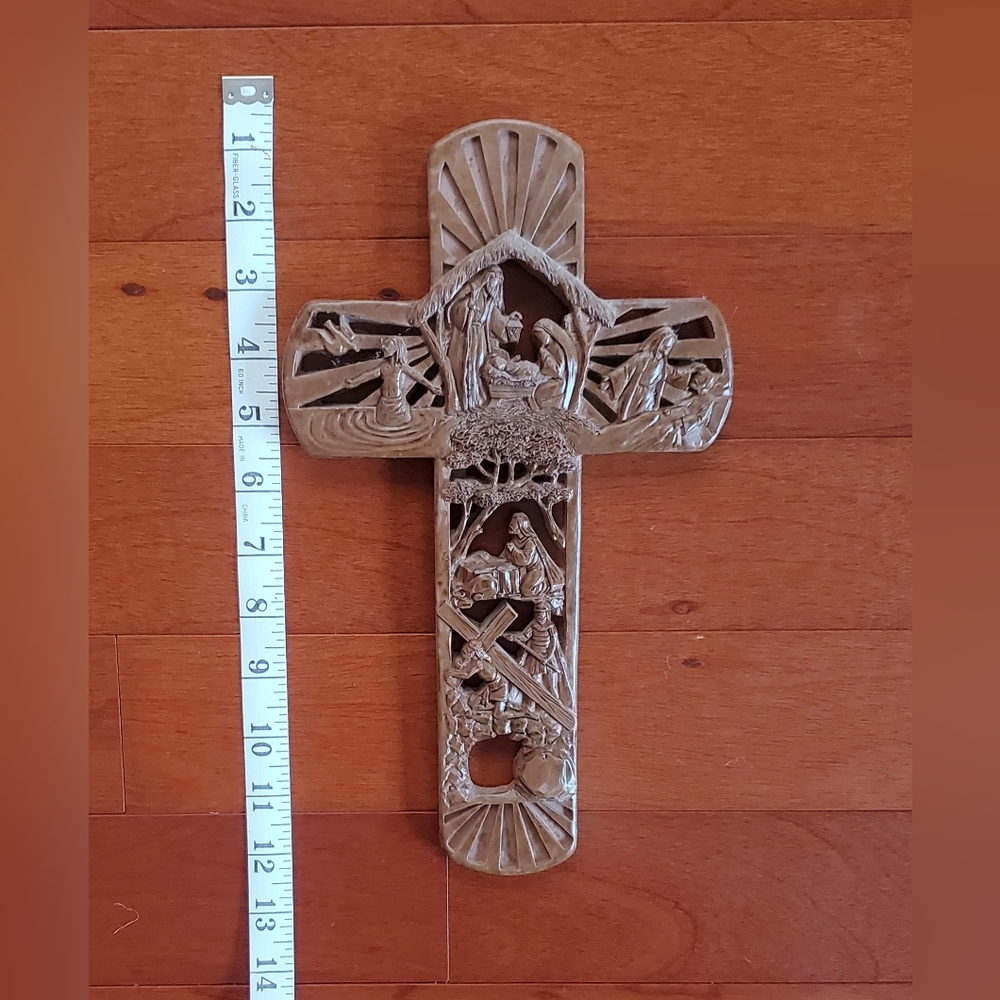 Intricately Carved Brown Wall Cross Decor